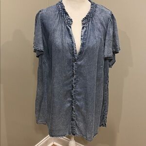 Jane and Delancey Chambray V Neck Ruffle Sleeve Button Down Top Size 1X